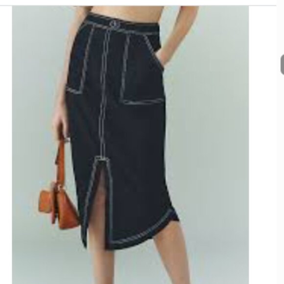 Anthropologie Maeve Black Front Slit Utility Skirt with White Stitching Size 14 - Picture 3 of 11